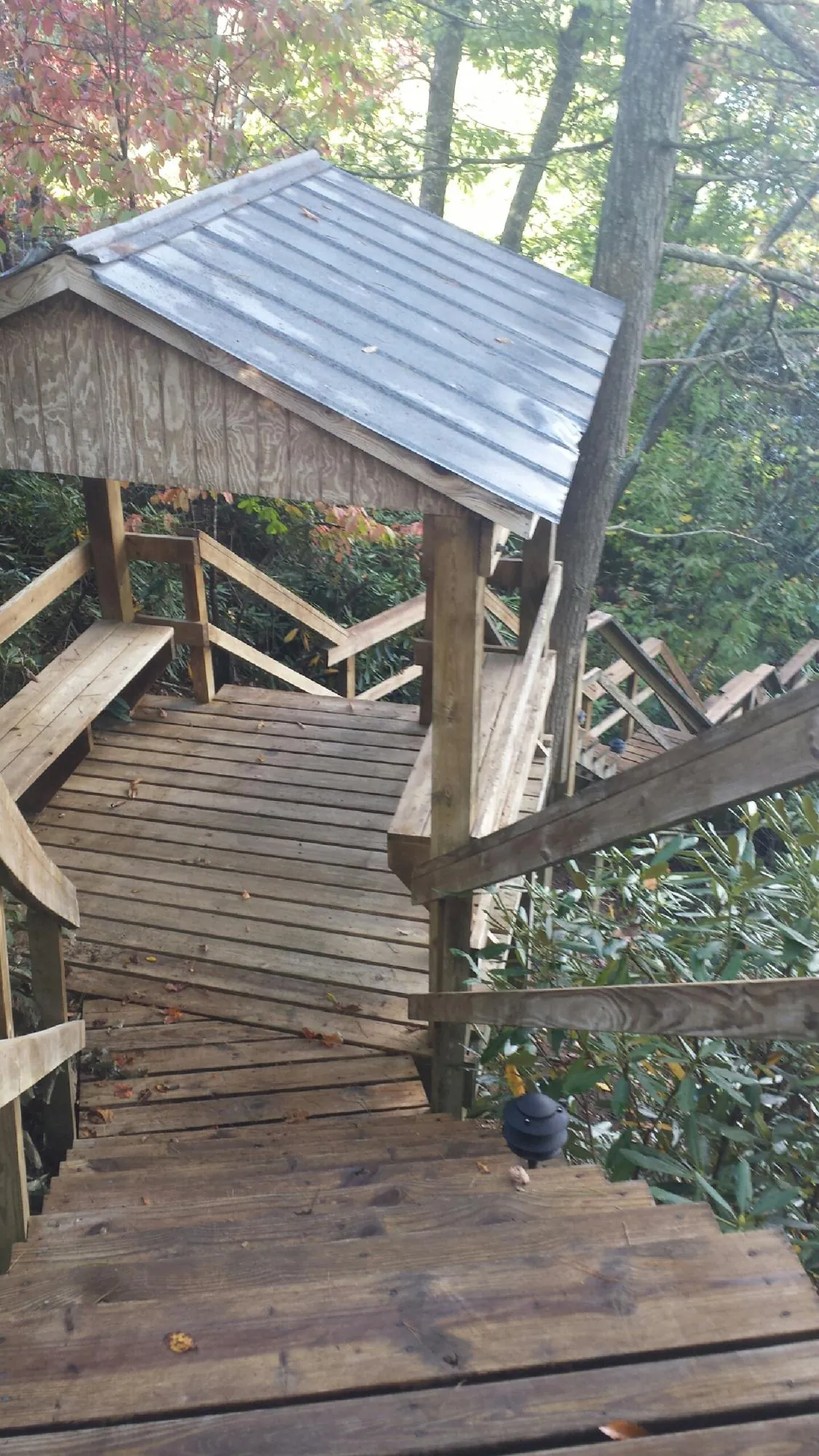 Metal roofed shelter over wooden steps on a wooded walkway — Skylight Repair & Installation work by our crew in Criders